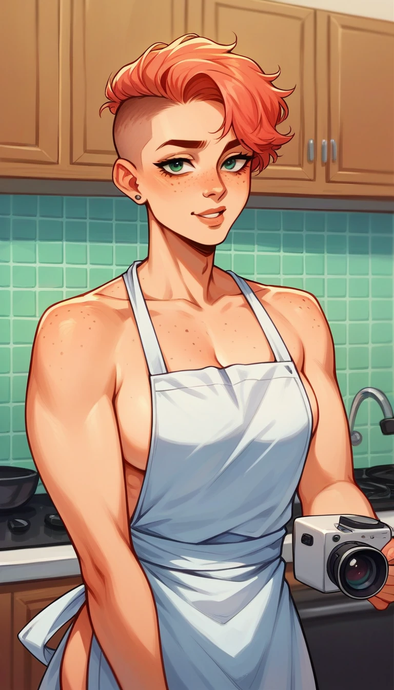 a closeup portrait of a playful maid, undercut hair, apron, amazing body, pronounced feminine feature, kitchen, [ash blonde | ginger | pink hair], freckles, flirting with camera