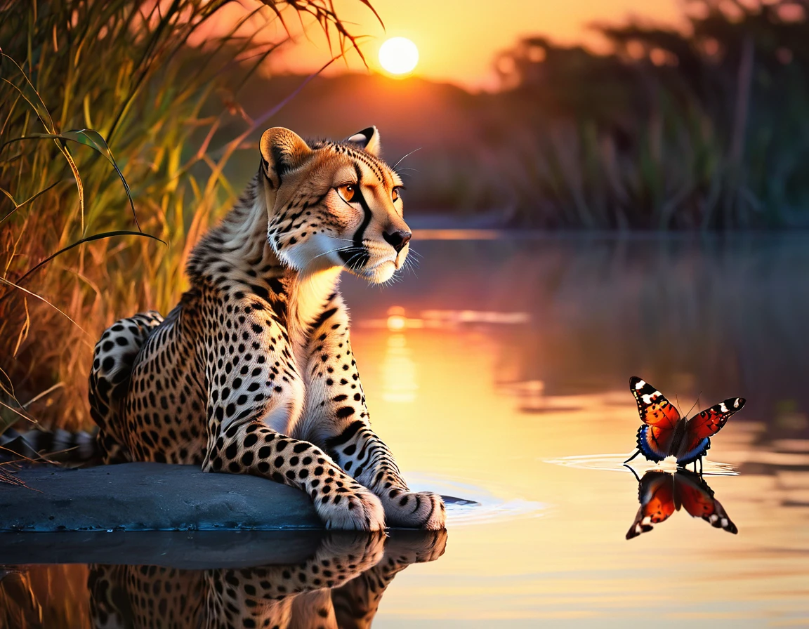 High Resolution, High Quality , Masterpiece. Savannah sunrise, cheetah seated by calm lake, reflection captured with sharp focus in water, capturing the serene encounter with a large butterfly, colors saturated and madness of hues reminiscent of Josh Adamski's style, photographic excellence akin to Frans Lanting, invoking a sense of divine beauty and rapture of the soul, acclaimed winner of a Nature Photography Contest, ultra realistic, dramatic lighting.