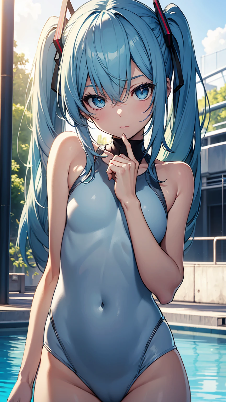 (Official Art、Highest quality、Unity 8k wallpaper、32k、 masterpiece、Ultra-detailed、High resolution,Perfect Anatomy),(Natural soft light:1.2),Beautiful face and eyes in every detail,20 year old beauty、Hatsune Miku VOCALOID, Twin tails,Light blue hair, Light blue eyes, Long Hair,(Slim lower body:1.5,skinny:1.3,Ideal body proportions,Medium chest)、Beautiful hand with five fingers、White competitive swimsuit,Pool