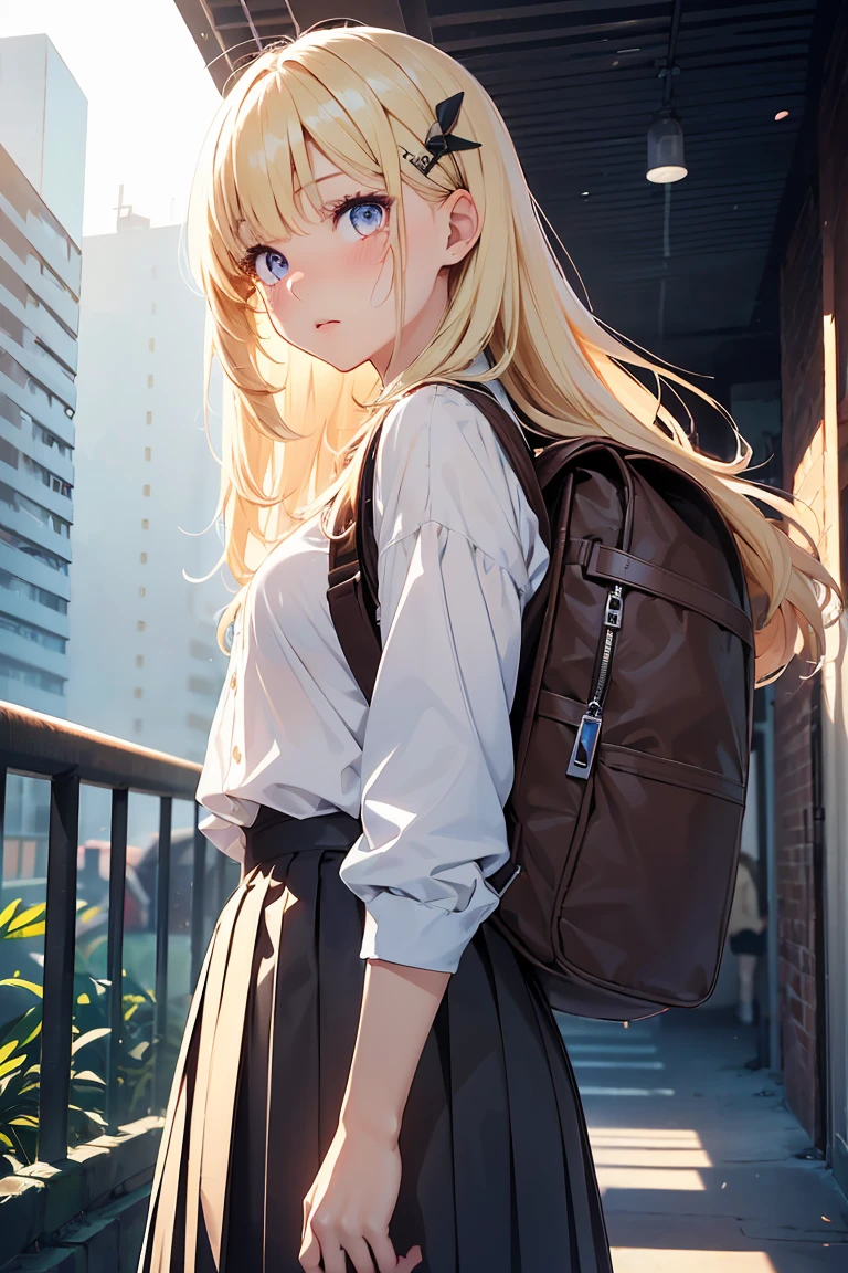 ((1 Girl)), (panic), (Watery eye), typhoon, storm, Very strong wind, Skipped, (Comical drawing), Latest Fashion Trends, (Hairpins in the bangs), younger sister, Pleated skirt, rucksack, Bright expression,background_School Area, Surprised face, かわいいyounger sister, Cowboy Shot,((Very detailed,Highest quality, High resolution, 8k wallpaper, Beautiful clothes,)),((blonde, Long Hair,Straight hair)), blush , (Crimson Eyes),eye shadow, eyeliner,Glowing Eyes, Very detailedな目, Beautiful Eyes, 14-year-old girl, Accurate anatomy