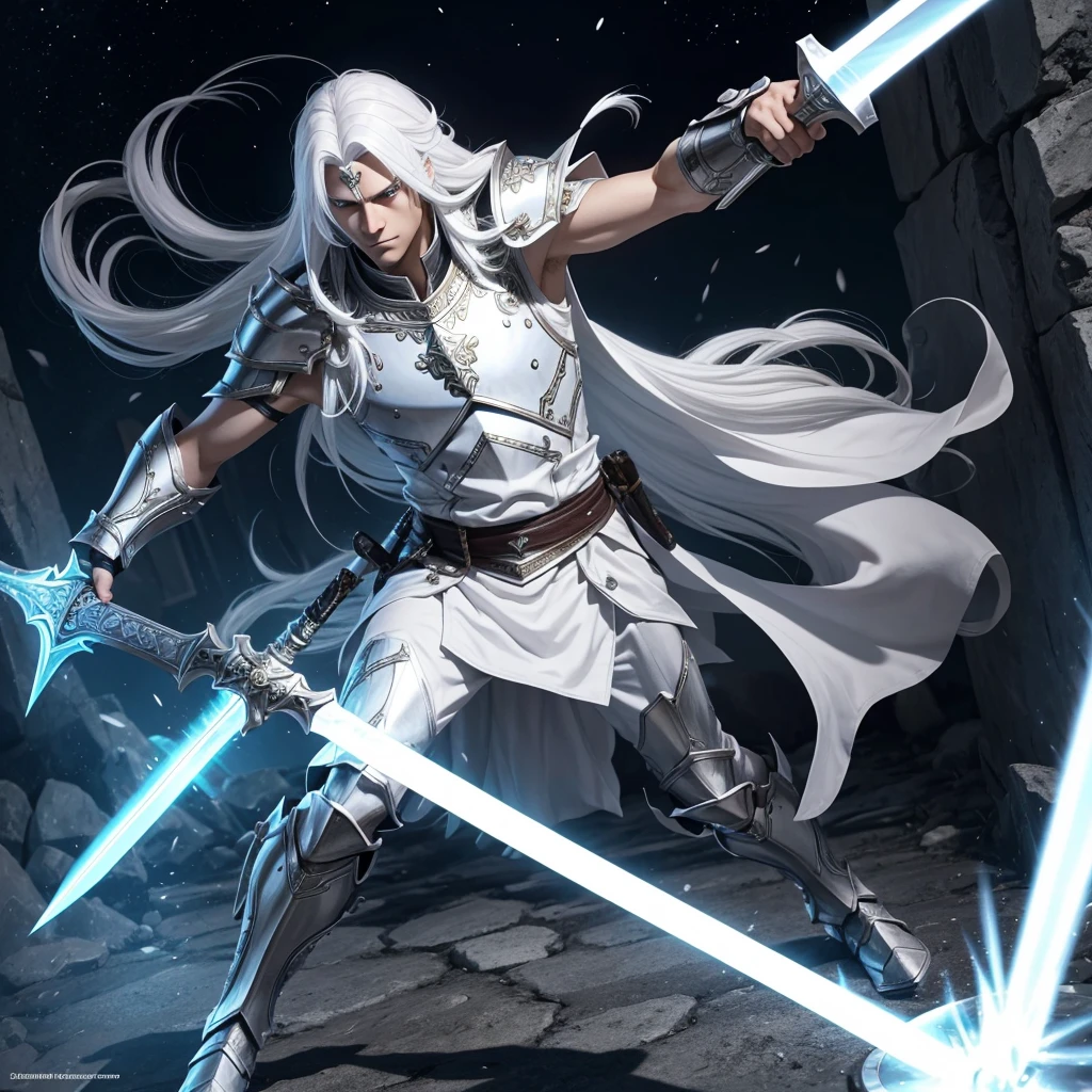 Paladin of God in 3D full body in attack position long hair white hair color white eyes without beard who has a luminous sword in his right hand and in his left hand he has a shield