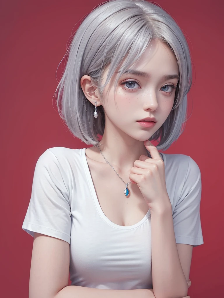 ((masterpiece)), ((best quality)), (ultra-detailed), ((extremely detailed)), 4K, (8K), best quality, a beautiful woman, ((beautiful light gray hair)), shiny hair, ((fluffy bob cut)), light blue eyes, detailed skin, freckled skin, flushed cheeks, 20 years old, , ((Plain black oversized T-shirt, Upper body)), ((solid red background)), like a model、Pose like a model, face tilted, oblique, slender and simple silver accessories, bracelet, necklaces, rings, earring, perfect hands, from the side