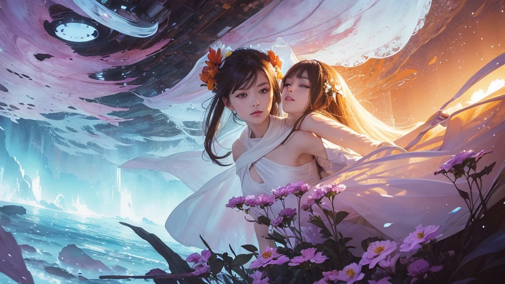 32k, Masterpiece, Highest quality, One girl, Detailed eyes, flower,Alstroemeria, White and orange style,A dreamy, romantic piece,Pale purple, Mysterious Leaves,A playful arrangement,Fantasy,High Contrast,Ink strokes,explosion,Exposure, Impression of white and orange tones,Abstract,((Watercolours by John Berkey and Jeremy Mann )) Brush strokes,Negative Space, Tyndall effect,