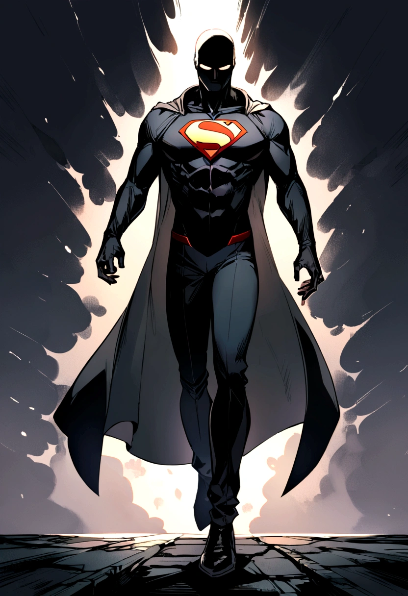 A superhero in a black superman suit,but changing his s symbol for a capital letter a on his gray ,with a gray coat, black pants and the pants too.