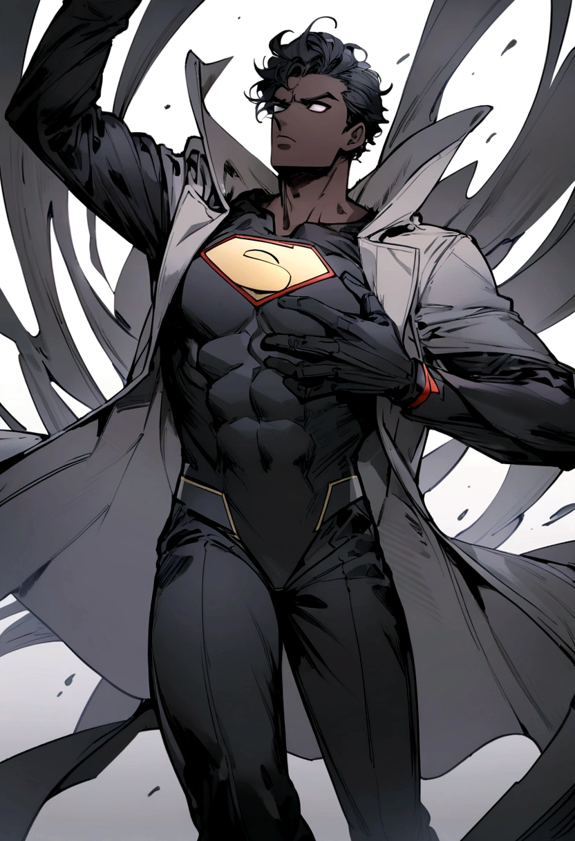 A superhero in a black superman suit,but changing his s symbol for a capital letter a on his gray chest,with a gray coat, black pants and the pants too. 