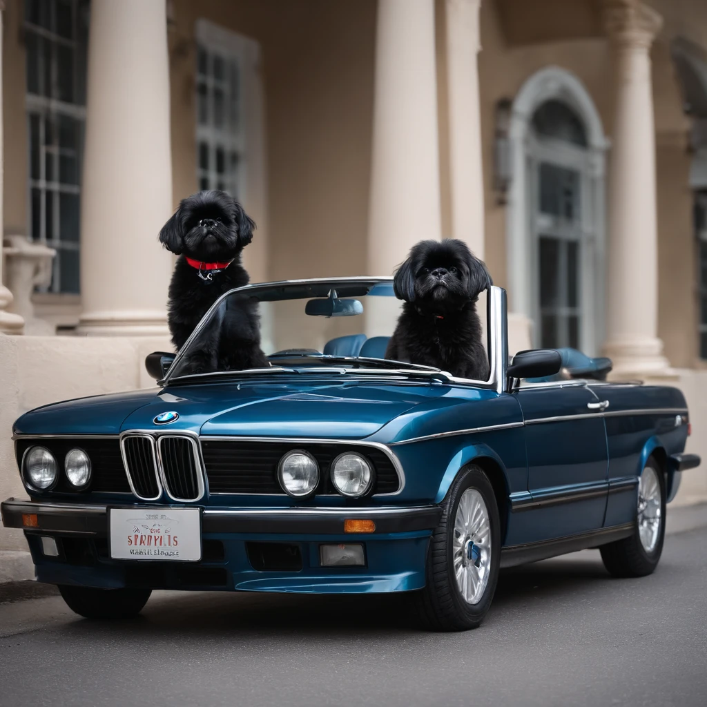 Two Adorable small black shih tzus head out of the window blue BMW