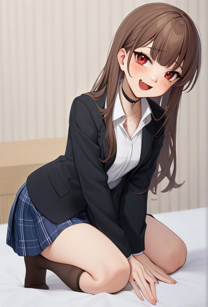 Cute young woman, white shirt, black blazer, blue skirt, black stockings, choker, long straight brown hair, freckles, fang, Red eyes, slim figure, thin legs, happy face, tilted her head, stay on knees, blush.