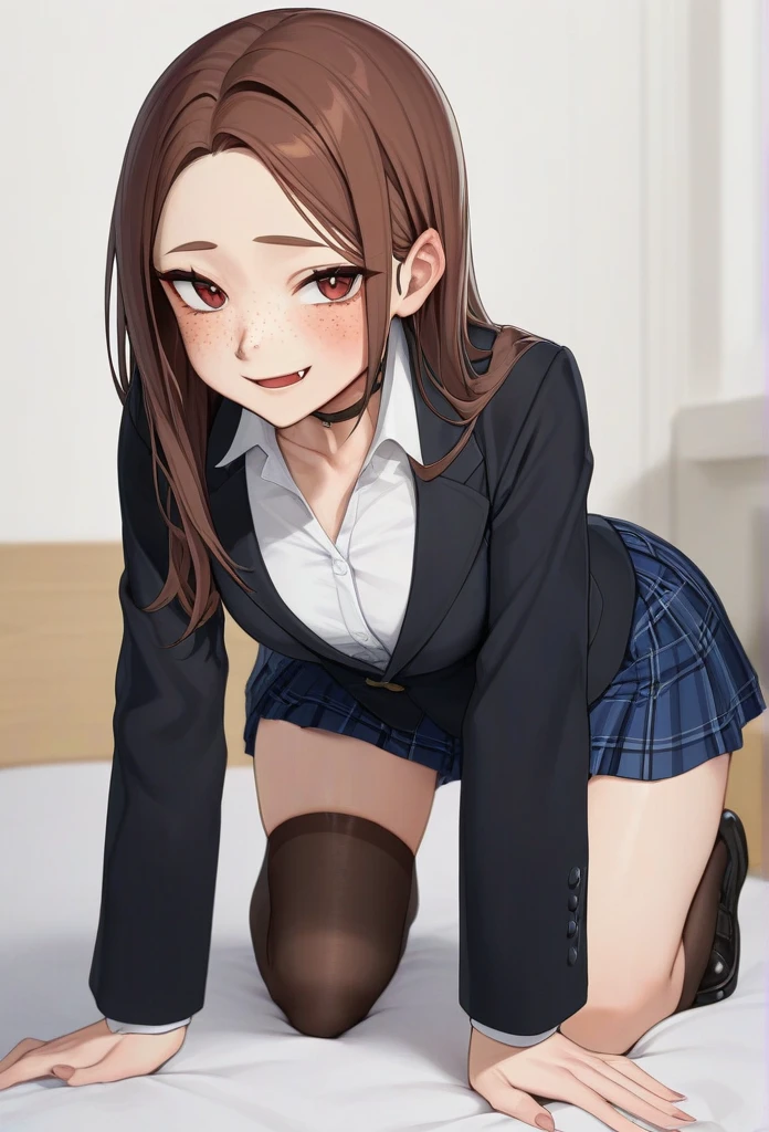 Cute young woman, white shirt, black blazer, blue plaid skirt, black stockings, choker, a little bigger than small breasts, freckles on breasts, long straight brown hair, freckles, fang, Red eyes, happy horny face, slim figure, thin legs, tilted her head, in bedroom, blush.