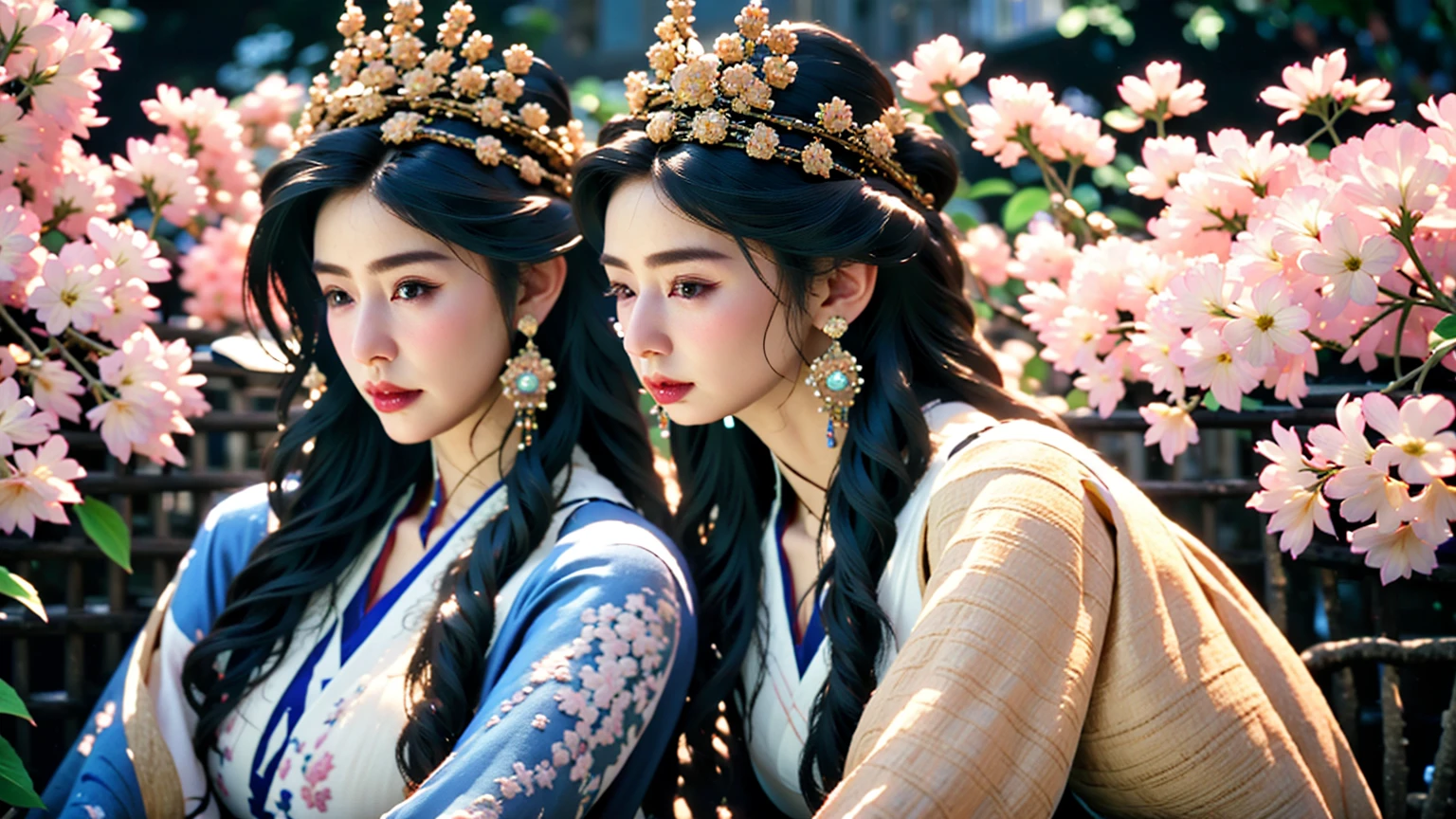 Blue sky and white clouds,Yunshan is far away、tower and many people,pink flowers,Cherry tree,Hanfu woman,Phoenix Crown Tiara、Detailed embroidery、Wear Hanfu pantyhose、Hanfu、Wearing long-sleeved Hanfu、Transparent and clearly visible、Look and、Bare oversized breasts、raw,(8K、top quality、masterpiece:1.8)、(Complex details:1.8)、(Realism:1.8)、Octane number renderings、Complex 3D rendering with ultra-detail, Studio soft light, rim light, Vibrant details, Super detailed, Realistic skin texture, detail, beautiful eyes, Very detailed CG Unity 16k wallpaper, cosmetics, (Detailed background:2.0), clear fingers,beautiful fingers,glowing skin、spread your legs,Camel toe showing thigh!!!、