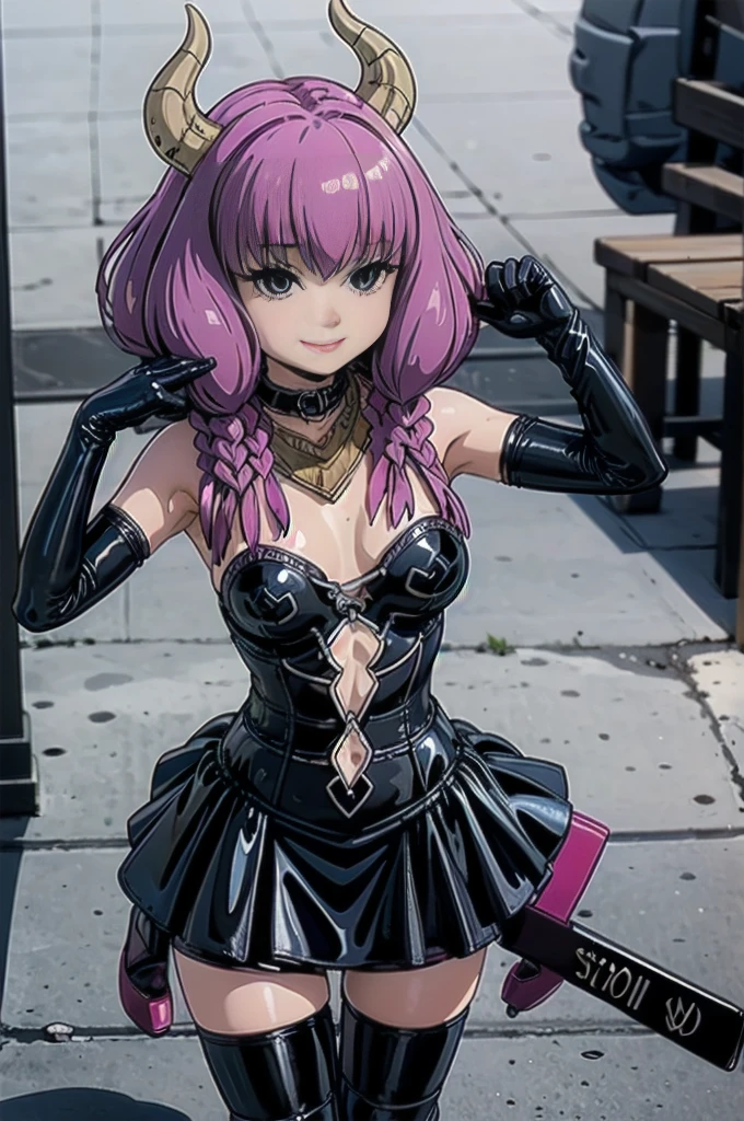 Yankee sitting、(((Chibi:1.8)))、(((open legs:1.4 )))、(((Squat with your legs spread in an M-shape:1.4)))、(((Wide-open legs:1.4)))、(((Sit on the ground)))、BDSM、Queen、mistress、(((One girl)))、solo、(((Black latex elbow gloves:1.4 )))、(((Black latex corset dress:1.4)))、(((The corset dress is decorated with beautiful lace.)))、(((Corset dress with shoulder straps)))、(((Black latex tight mini skirt:1.4)))、(((黒いThigh-high boots)))、(((Black fishnet stockings:1.2 )))、(((Stiletto heels:1.4)))、(((Black latex panties)))、(((Black latex bra)))、(((Black leather collar)))、(((Sexy pose:1.4 )))、Wide-open legs:1.2、(((Erotic)))、(((Cowboy Shot)))、Aura Freezing, horn, Twin Blade, necklace, Strapless shirt, Belly button cutout, White Skirt, red waist cape, Elbow hand pockets, Thigh-high boots, Upper Body, In-person audience, View your viewers, smile,