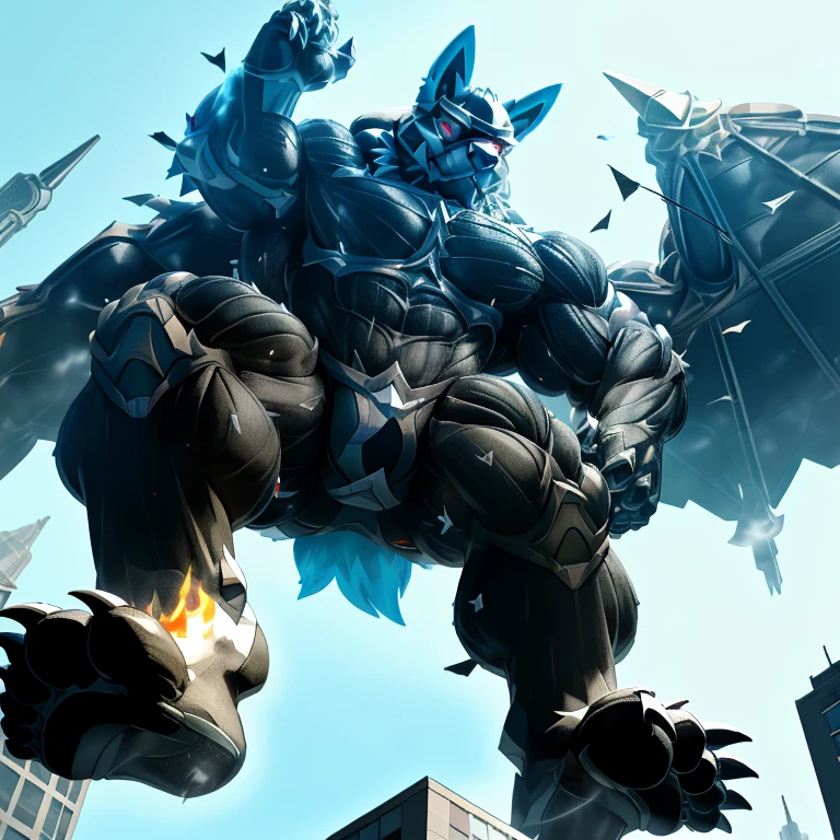 (masterpiece. official art. 8k. best quality. detailed full body. full body.)
(situation 1 : dominating LUCARIO. focus GIANT mechanical Muscular LUCARIO is trampling the CITY. macro. stomp. Low-angle perspective. emphasizing the immense size. The perspective is from below, emphasizing the sheer majesty and power of the Giant. giant art. He is much bigger than a skyscraper. Giga Giants. micro soccer field. looking down. foot focus, (soles:1.2))

(situation 2 :smoke and flames rising from the destruction in the city)

(Additional details 1: wearing a full-face helmet. helmet is jet black. The color of NANOSUIT is jet black. high-tech bio-mecha armor. real texture material. whole body shines like metal. Wearing cyberpunk mecha. emphasizes the muscles. suit fully made of metal. intricate armor. Robotic suit. suit fully made of metal. NANOSUIT with the same design as LUCARIO.). (Lucario has 5 toes.)

(Additional details 2: (Detailed head. Detailed Body. Detailed abs. gigantic muscles. HYPER MUSCLES. Gigachad Muscular. big muscle. pecs. triceps. traps. unusually developed muscular body. body full of huge muscles. showing off muscles. pectorales enormes. Exaggeratedly huge muscles. huge muscles. long legs.).

(Additional details 3: nj5furry, Spread wings. It has wings. black have big wings. The claws are sharp. Sharp teeth.5 toes.). 