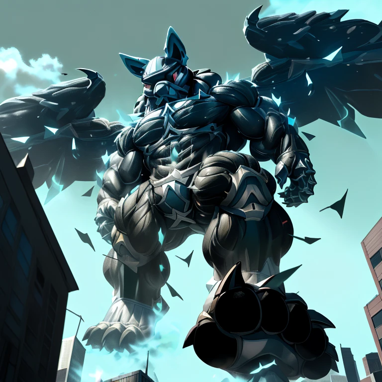 (masterpiece. official art. 8k. best quality. detailed full body. full body.)
(situation 1 : dominating LUCARIO. focus GIANT mechanical Muscular LUCARIO is trampling the CITY. macro. stomp. Low-angle perspective. emphasizing the immense size. The perspective is from below, emphasizing the sheer majesty and power of the Giant. giant art. He is much bigger than a skyscraper. Giga Giants. micro soccer field. looking down. foot focus, (soles:1.2))
(situation 2 :smoke and flames rising from the destruction in the city)
(Additional details 1: wearing a full-face helmet. helmet is jet black. The color of NANOSUIT is jet black. high-tech bio-mecha armor. real texture material. whole body shines like metal. Wearing cyberpunk mecha. emphasizes the muscles. suit fully made of metal. intricate armor. Robotic suit. suit fully made of metal. NANOSUIT with the same design as LUCARIO.). (Lucario has 5 toes.)
(Additional details 2: (Detailed head. Detailed Body. Detailed abs. gigantic muscles. HYPER MUSCLES. Gigachad Muscular. big muscle. pecs. triceps. traps. unusually developed muscular body. body full of huge muscles. showing off muscles. pectorales enormes. Exaggeratedly huge muscles. huge muscles. long legs.).
(Additional details 3: nj5furry, Spread wings. It has wings. black have big wings. The claws are sharp. Sharp teeth.5 toes.).