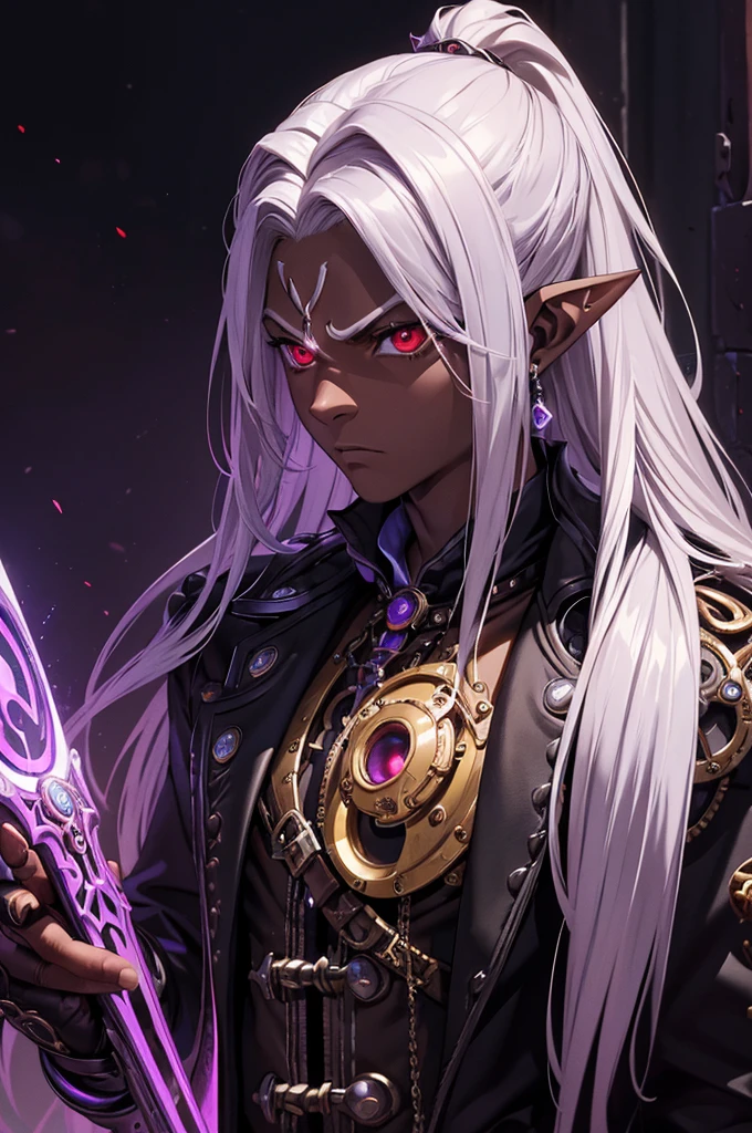((best quality)), ((masterpiece)), (detailed), ((boy)), ((mix between dungeonpunk and steampunk)), (serious), dark skinned, human, upper body, portrait, red eyes, long white hair, Xemnas from Kingdom Hearts, half-drow, pointy ears, serious face, dramatic lighting, purple hue, art by Kinema Citrus and Tetsuya Nomura