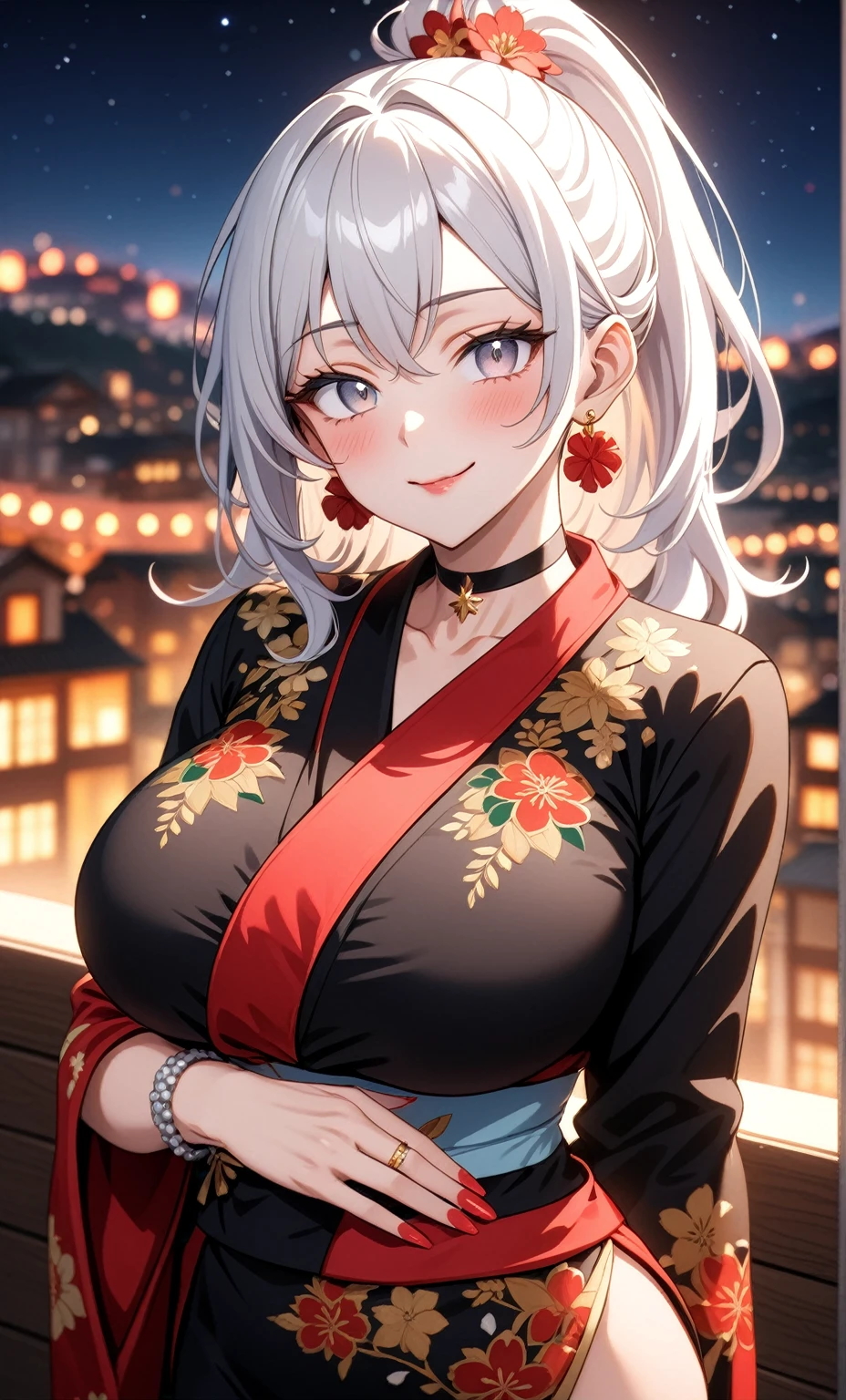 ((One personの女性)), Beautiful Face,embarrassed, ((Wink:1.9)),Laugh with your mouth wide open,Waving to the audience, ((Bright red cheeks:1.4)),Glossy red lips,night,rooftop,Festive decorations,You can see the ocean, firework,Lighting on the face,((Anime style background)),masterpiece, Highest quality, so beautiful,Latest, Complex details, (Pink long nails),(ring),(bracelet),(choker),AI-generated, Complex,High resolution, Highest quality, super high quality,3D Images、looking outside、3D Images,One person,Long white hair,High Ponytail,(Silvery white eyes),Anime woman posing for a photo, ((Fine grain、Silvery white colorful eyes、Shining Eyes:1.3)),(Squint your eyes:1.1),a hyperRealistic , hyperRealistic , Realistic,Anime woman with long and white hair, Smooth anime CG art, A woman in a colorful kimono with gold embroidery, (Black long sleeve kimono),Red floral pattern,Long flower hair ornament,Big earrings,Mature Body,(Big Breasts:1.1),Tall,Abdominal muscles,Narrow waist,(Zoom in on face:1.8),Photographed from the front