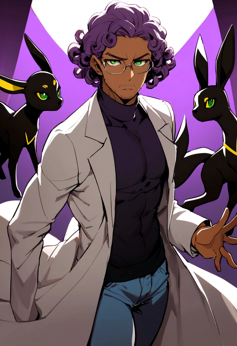 1man, 20s, strong body, latin, chin stubble, square face, tan skin, ((purple curly fluffy hair)), medium lenght hair, ((green eyes)), cool facial expression, (nice hands),  (grey turtleneck), lab coat, spectacles, jeans, sandals [pose with body turned in profile looking at viewer], determined facial expression, simple backgroun, accompanied by an Umbreon