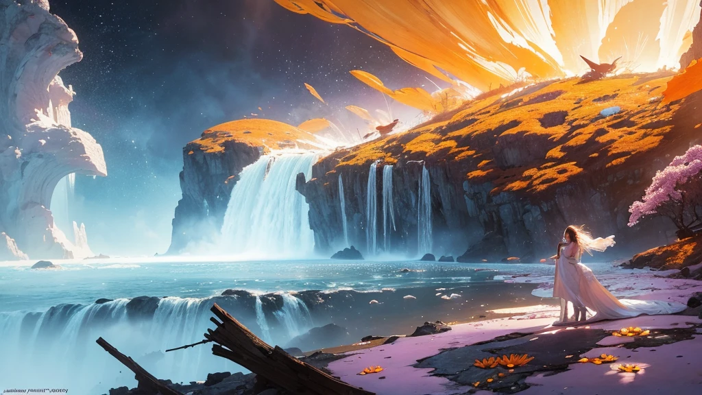 32k, Masterpiece, Highest quality, One girl, Detailed eyes, flower,Alstroemeria, White and orange style,A dreamy, romantic piece,Pale purple, Mysterious Leaves,A playful arrangement,Fantasy,High Contrast,Ink strokes,explosion,Exposure, Impression of white and orange tones,Abstract,((Watercolours by John Berkey and Jeremy Mann )) Brush strokes,Negative Space, Tyndall effect,