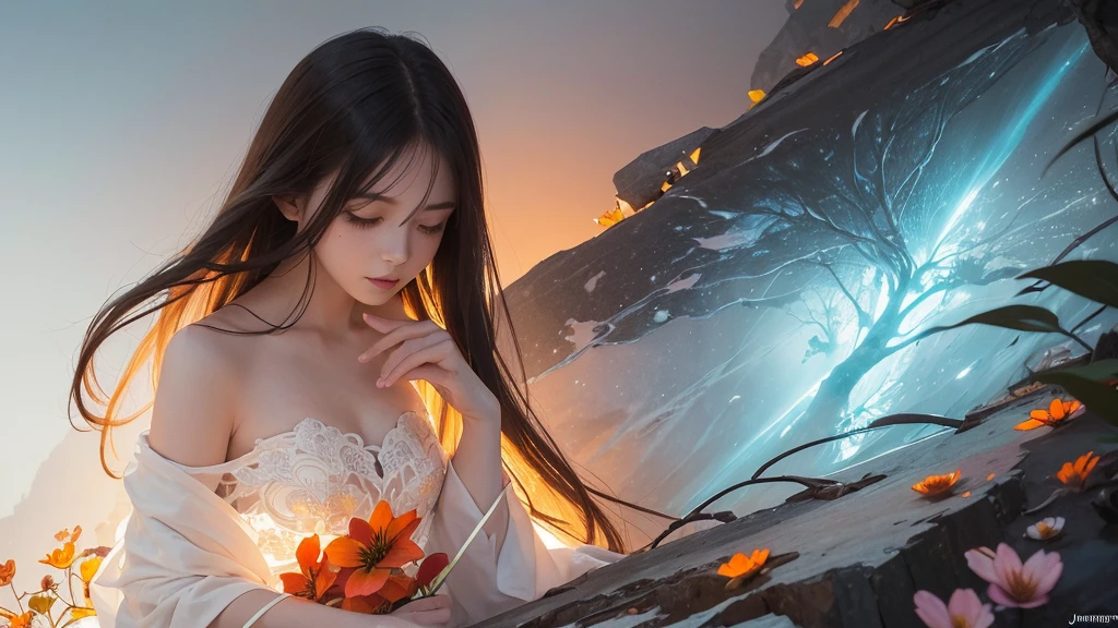 32k, Masterpiece, Highest quality, One girl, Detailed eyes, flower,Alstroemeria, White and orange style,A dreamy, romantic piece,Pale purple, Mysterious Leaves,A playful arrangement,Fantasy,High Contrast,Ink strokes,explosion,Exposure, Impression of white and orange tones,Abstract,((Watercolours by John Berkey and Jeremy Mann )) Brush strokes,Negative Space, Tyndall effect,