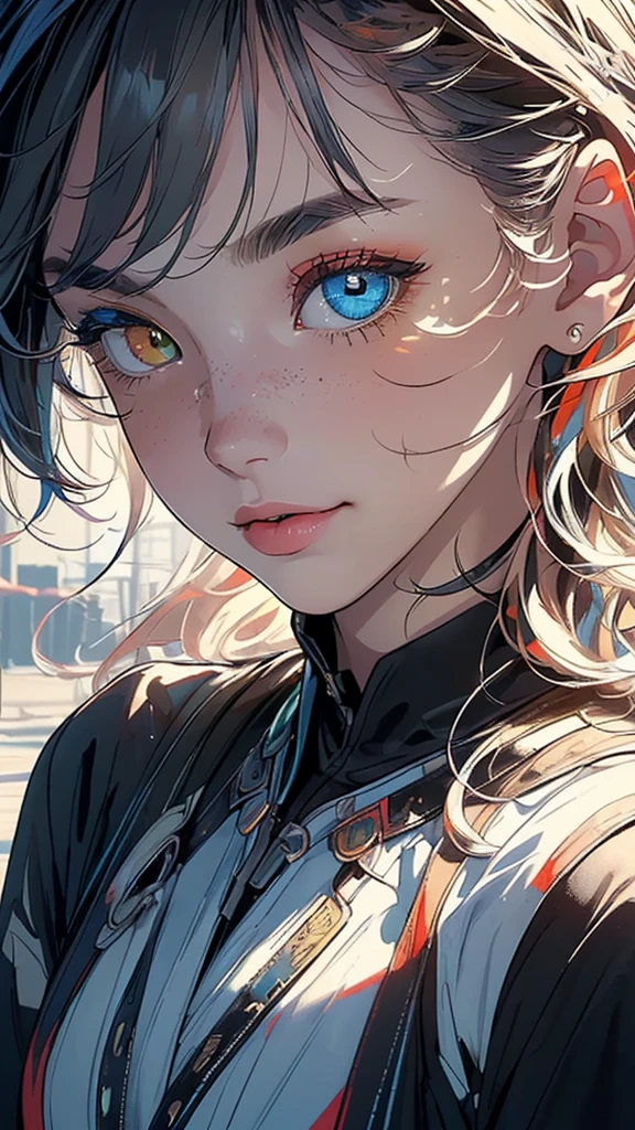 (((masterpiece, highest quality))),(((solo:1.2))),(((1girl:1.2))),32k wallpaper, very detailed,(((((portfolio))))),(((((Close-up))))),(((((bust up))))),((((more various angle)))),(((highlight))),((((heterochromia)))),(((complete. detailed face))),((((Extremely talented)))),((most complicated machine)),((genius mechanic)),((Overall colorfully)),