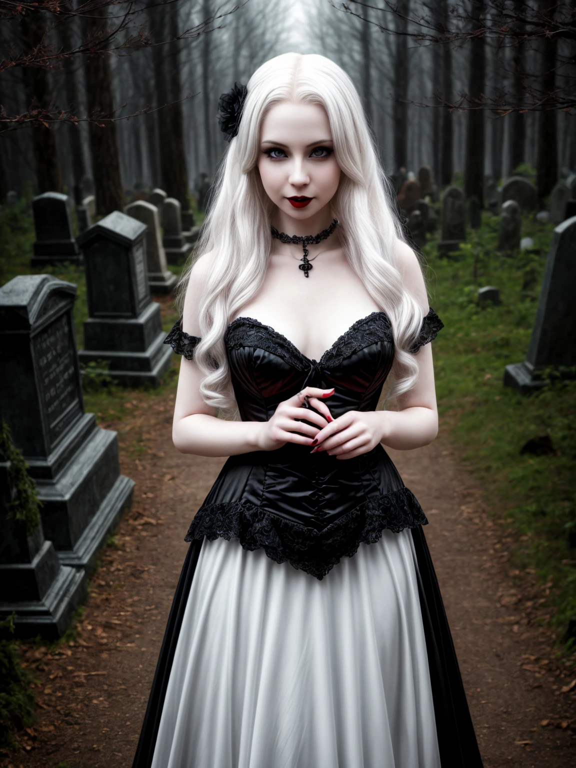 female sexy vampire|albino, pale porcelain skin, sexy vintage black dress, smile, shallow depth of field, grin|creepy, nightfall, detailed face, night, wide hips, narrow waist, portrait of woman standing, detailed eyes, portrait of woman standing, 8k RAW photo, highest quality, looking at the viewer, best shadow, intricate details, long hair, bright eyes, forest, grave, gothic, goth detailed, highres, high qualilty, high saturation