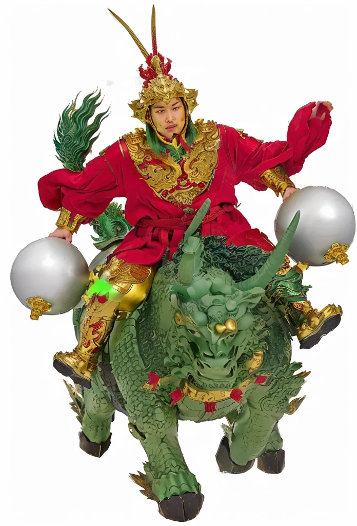 an ancient young Chinese warrior, with gold armour, a red robe, 2 hands holding the stick of silver melon hammer, riding on a green dragon head qilin. Green Unicorn, no beard,