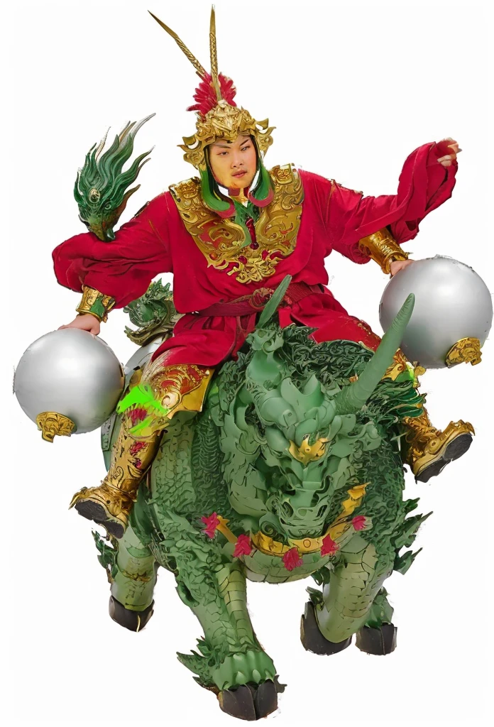 an ancient young Chinese warrior, with gold armour, a red robe, 2 hands holding the stick of silver melon hammer, riding on a green dragon head qilin. Green Unicorn, no beard, 