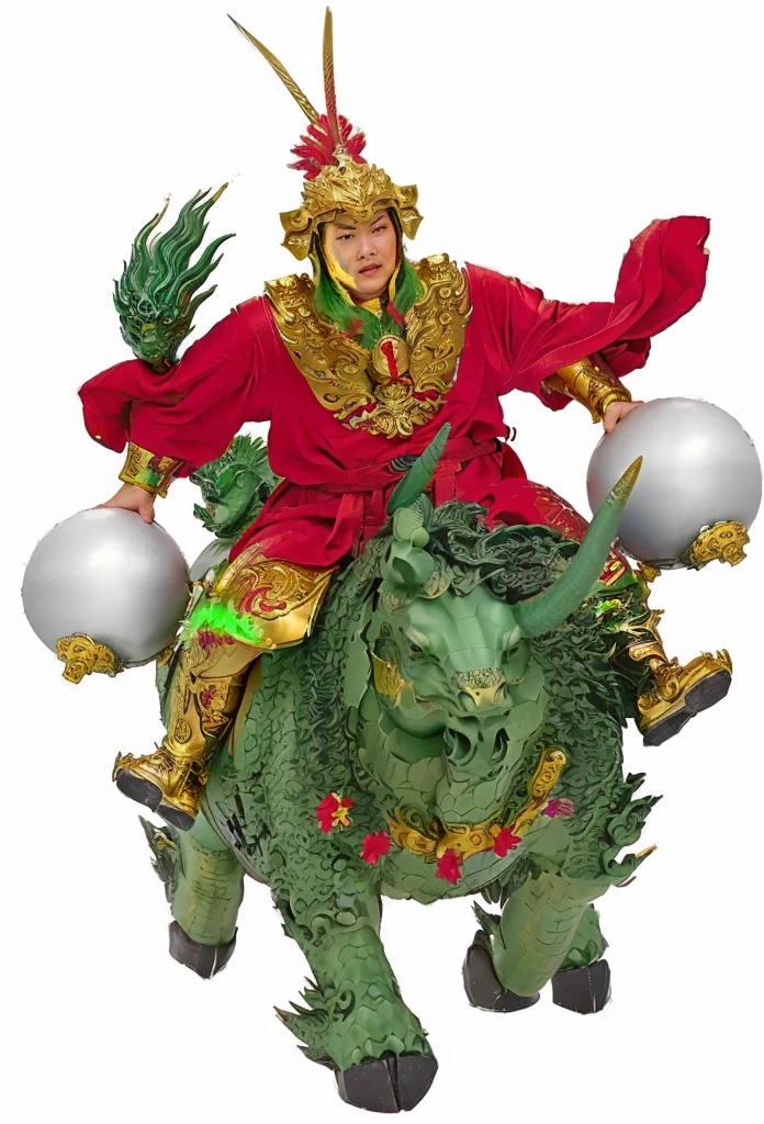 an ancient young Chinese warrior, with gold armour, a red robe, 2 hands holding the stick of silver melon hammer, riding on a green dragon head qilin. Green Unicorn, no beard, 