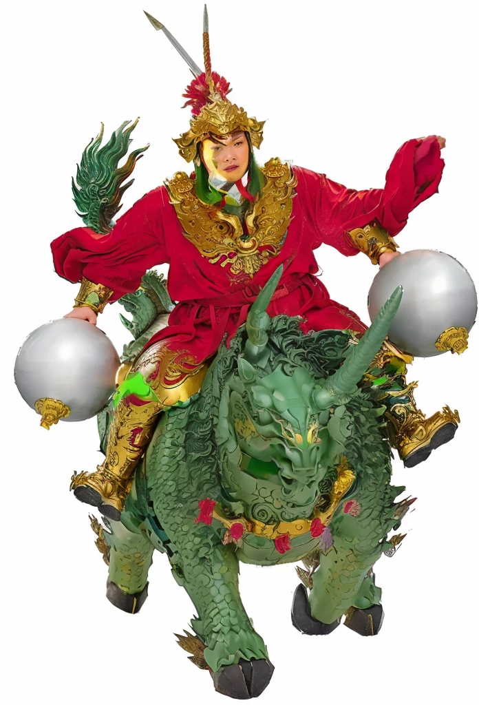 an ancient young Chinese warrior, with gold armour, a red robe, 2 hands holding the stick of silver melon hammer, riding on a green dragon head qilin. Green Unicorn, no beard, 