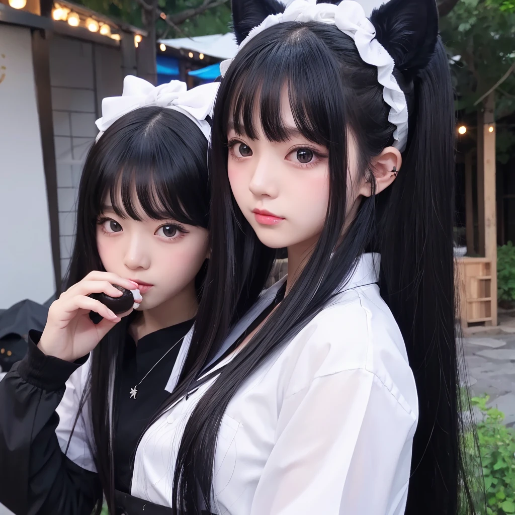 girl。Black straight long hair。Black cat ears。eyes are dark blue。The clothes are black。Eating rice balls。Anime Style。