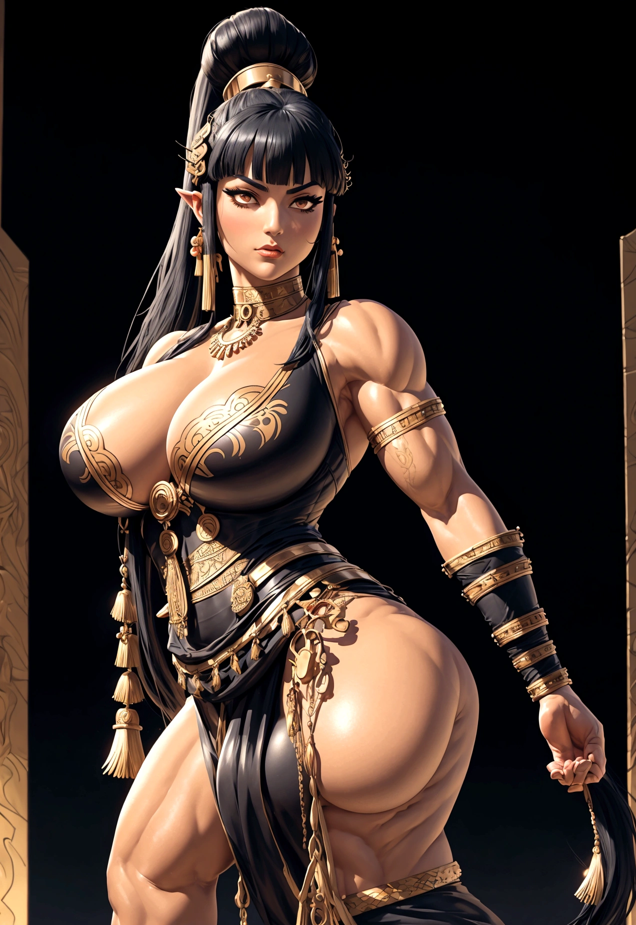 Cleopatra with extreme muscular body, gigantic muscular arms, gigantic muscular tights, samurai outfit, fair skin, black hair with ponytail and gigantic breasts.