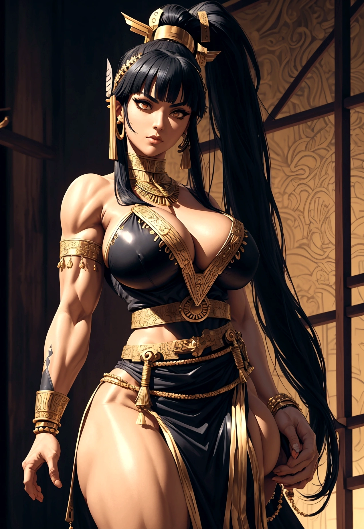 Cleopatra with extreme muscular body, gigantic muscular arms, gigantic muscular tights, samurai outfit, fair skin, black hair with ponytail and gigantic breasts.