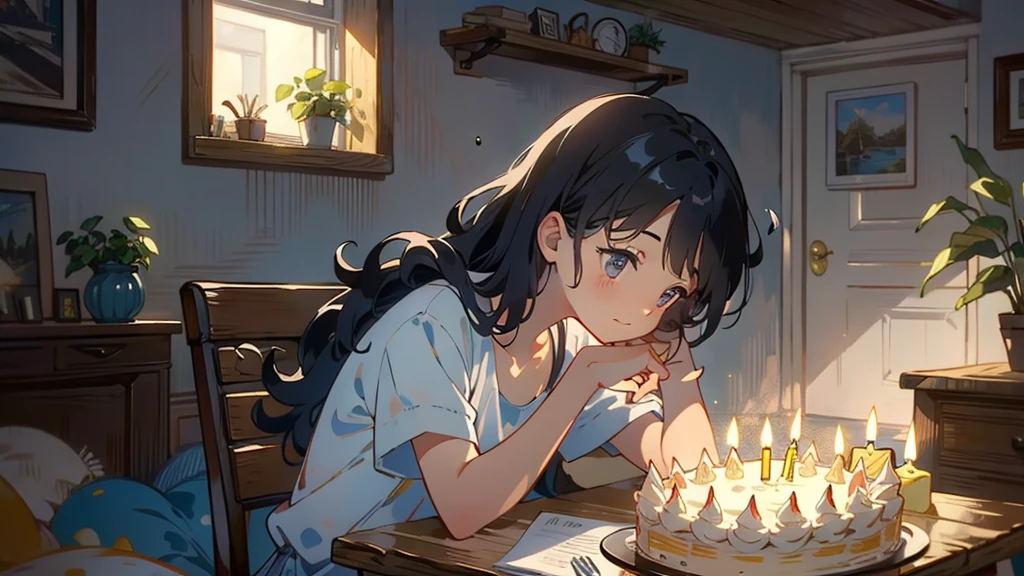 Dark apartment, small birthday cake on old wooden table, modern apartment, alarm clock on the wall,anime scene.(((Upward shot))),No humans