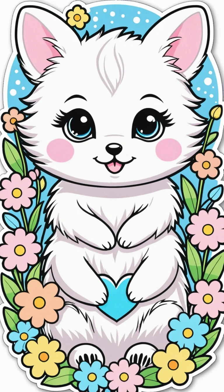 Sticker of a cute, round little animal with big, sparkling eyes and a gentle smile on its face. It has soft, pastel-colored fur. The small critter is surrounded by dainty, heart-shaped flowers in complementary pastel shades, adding to the sticker's overall charm.The white background provides the perfect canvas for this adorable creature, allowing its pastel features to pop and catch the eye. The sticker design exudes a warm and playful energy, making it an endearing addition to any item it adorns.