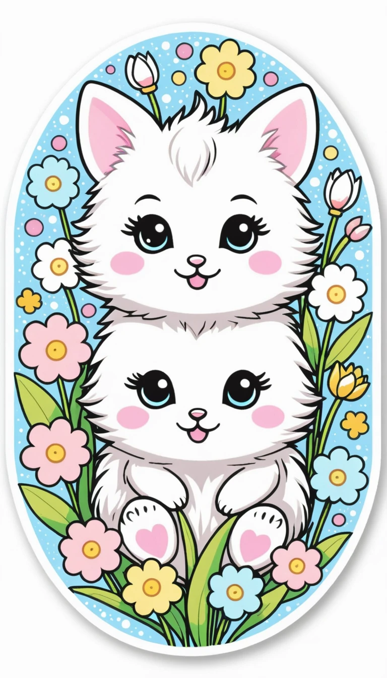 Sticker of a cute, round little animal with big, sparkling eyes and a gentle smile on its face. It has soft, pastel-colored fur. The small critter is surrounded by dainty, heart-shaped flowers in complementary pastel shades, adding to the sticker's overall charm.The white background provides the perfect canvas for this adorable creature, allowing its pastel features to pop and catch the eye. The sticker design exudes a warm and playful energy, making it an endearing addition to any item it adorns.
