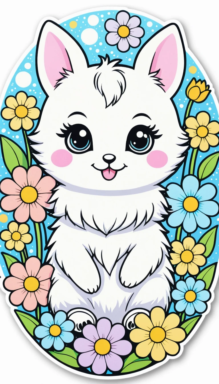 Sticker of a cute, round little animal with big, sparkling eyes and a gentle smile on its face. It has soft, pastel-colored fur. The small critter is surrounded by dainty, heart-shaped flowers in complementary pastel shades, adding to the sticker's overall charm.The white background provides the perfect canvas for this adorable creature, allowing its pastel features to pop and catch the eye. The sticker design exudes a warm and playful energy, making it an endearing addition to any item it adorns.