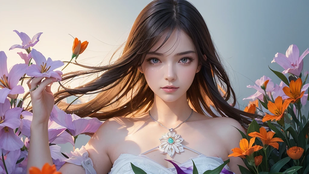 32k, Masterpiece, Highest quality, One girl, Detailed eyes, flower,Alstroemeria, White and orange style,A dreamy, romantic piece,Pale purple, Mysterious Leaves,A playful arrangement,Fantasy,High Contrast,Ink strokes,explosion,Exposure, Impression of white and orange tones,Abstract,((Watercolours by John Berkey and Jeremy Mann )) Brush strokes,Negative Space, Tyndall effect,