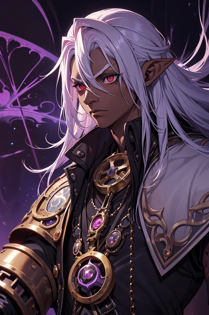 ((best quality)), ((masterpiece)), (detailed), ((boy)), ((mix between dungeonpunk and steampunk)), (serious), dark skinned, human, upper body, portrait, red eyes, long white hair, Xemnas from Kingdom Hearts, half-drow, pointy ears, serious face, dramatic lighting, purple hue, art by Kinema Citrus and Tetsuya Nomura