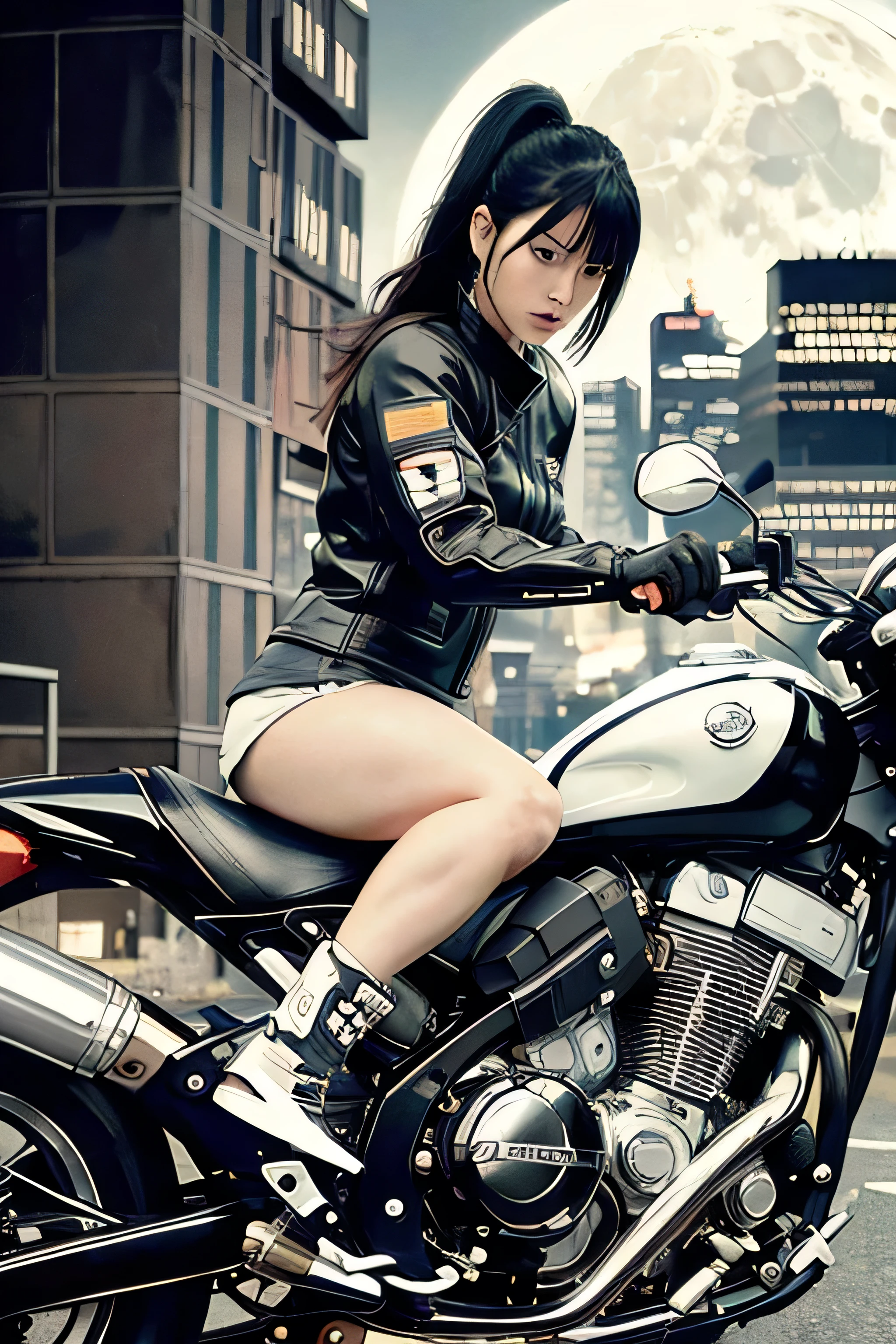 best quality, masterpiece, photo, 4K, photorealistic, Very detailed,
1 girl riding a motorcycle, Technical clothing, Cyberpunk City, Solitary, Futuristic, Huge moon in the background, black and white, author:Akira Toriyama, close up,