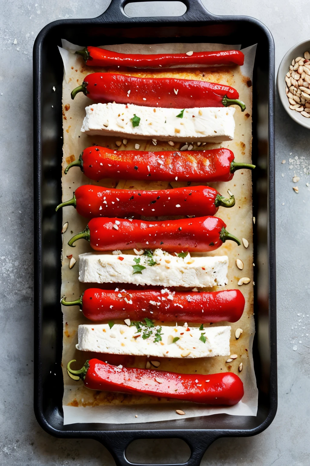 Roasted Red Pepper Rollups with Goat Cheese and Almonds Roast the red peppers until tender and the skin is lightly charred.. Let cool and remove the skin.
Cut the peppers into long strips.
Place a tablespoon of goat cheese in the center of each pepper strip.
Sprinkle with chopped almonds and fresh herbs.
Roll up the pepper strips and secure with a toothpick if necessary.
Season with salt and pepper to taste before serving..
 ()) ((home))
