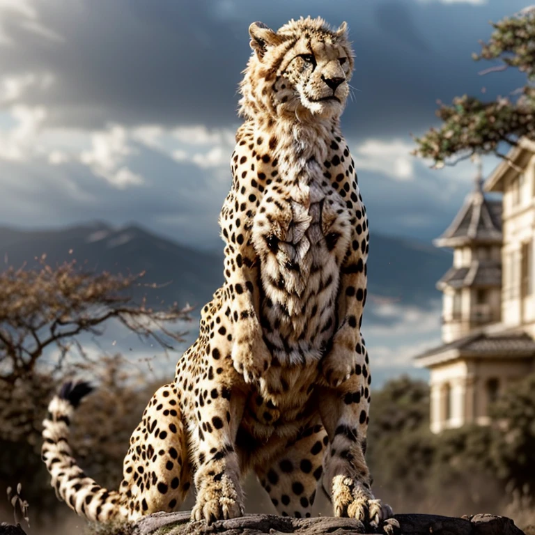 (score_9,score_8_up,score_7_up), source_anime, ((Masterpiece, top quality, high resolution)), ((highly detailed CG unified 8K wallpaper)), (front view of a monster cheetah, jaw-dropping horror, perfect proportions, cheetah body:1.1), cheetah, foggy jungle, scary atmosphere, horror cheetah, an horror fantasy illustration, looming cheetah, silhouette emerging from the backlight, seen from below,