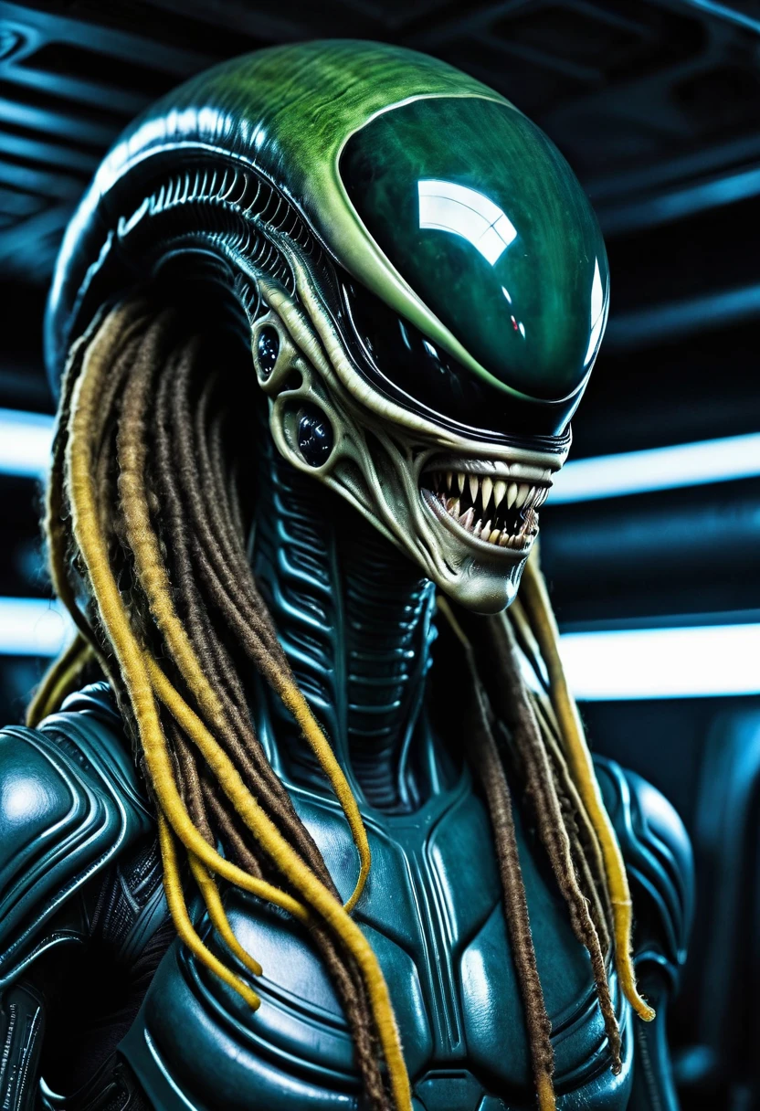 (((Extremely Close-up Xenomorph Alien the Eighth Passenger - Wearing Dreadlocks)), Terrifying, Surreal, and Cinematic Images, Color Splash, High Quality Detail, Ultra Detailed, Photorealistic, (Hyper-realistic Color Depth), Realistic Texture, Full Body Portrait, (Head and Chest Focus), (Translucent Alien Skin Beneath the Suit),Cinematic Lighting - Dramatic Contrast),,(((Mechanical Alien)))