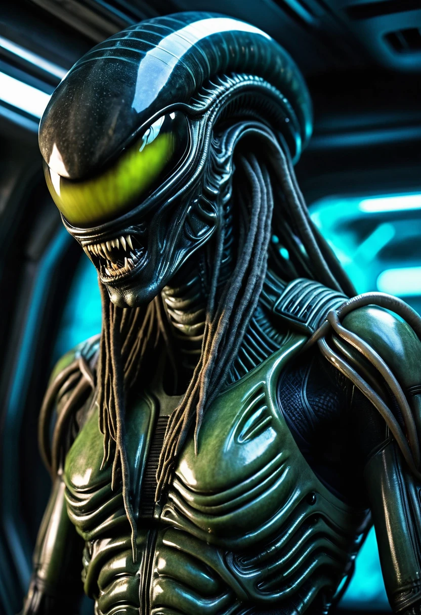 (((Extremely Close-up Xenomorph Alien the Eighth Passenger - Wearing Dreadlocks)), Terrifying, Surreal, and Cinematic Images, Color Splash, High Quality Detail, Ultra Detailed, Photorealistic, (Hyper-realistic Color Depth), Realistic Texture, Full Body Portrait, (Head and Chest Focus), (Translucent Alien Skin Beneath the Suit),Cinematic Lighting - Dramatic Contrast),,(((Mechanical Alien)))