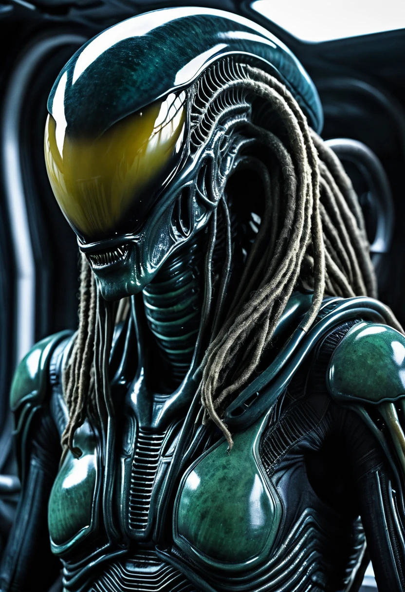 (((Extremely Close-up Xenomorph Alien the Eighth Passenger - Wearing Dreadlocks)), Terrifying, Surreal, and Cinematic Images, Color Splash, High Quality Detail, Ultra Detailed, Photorealistic, (Hyper-realistic Color Depth), Realistic Texture, Full Body Portrait, (Head and Chest Focus), (Translucent Alien Skin Beneath the Suit),Cinematic Lighting - Dramatic Contrast),,(((Mechanical Alien)))