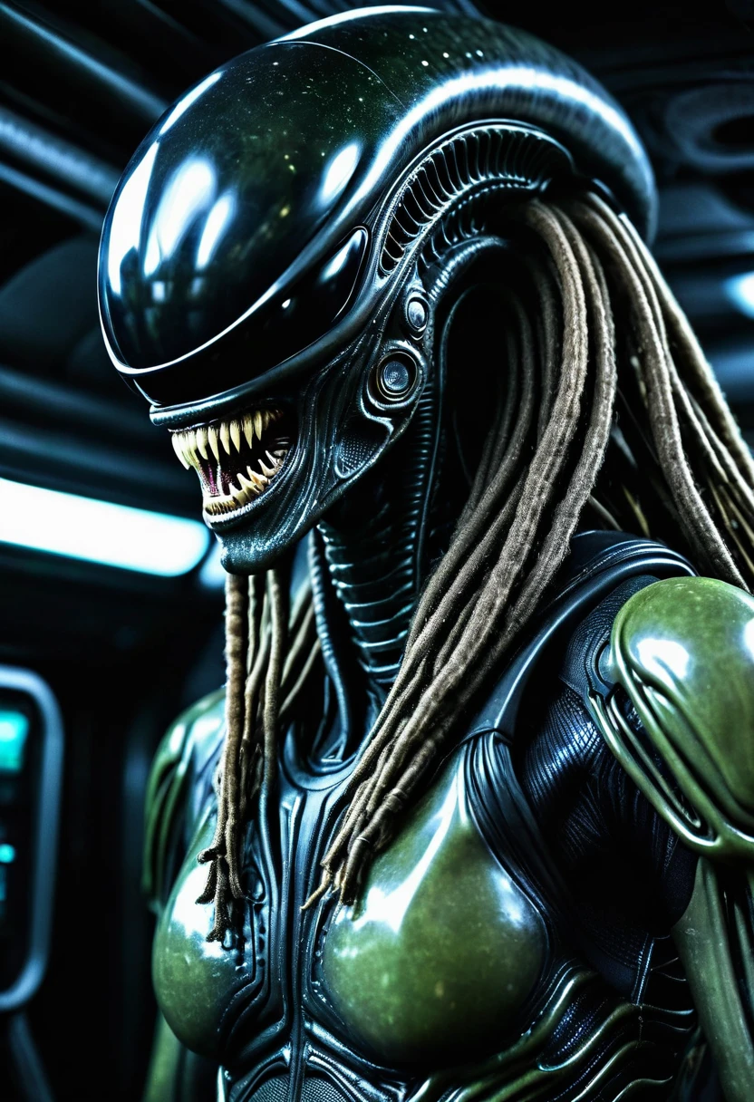 (((Extremely Close-up Xenomorph Alien the Eighth Passenger - Wearing Dreadlocks)), Terrifying, Surreal, and Cinematic Images, Color Splash, High Quality Detail, Ultra Detailed, Photorealistic, (Hyper-realistic Color Depth), Realistic Texture, Full Body Portrait, (Head and Chest Focus), (Translucent Alien Skin Beneath the Suit),Cinematic Lighting - Dramatic Contrast),,(((Mechanical Alien)))