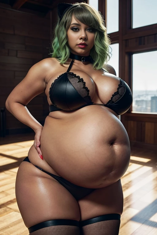 Taylor Swift brown skin, green hair, pregnant belly, wearing black bra and black bottom bikini, chubby, black fishnet stockings, normal bust, locks eyes into the camera, symmetrical eyes, symmetrical face, photorealistic, photography, path tracing, specular lighting, volumetric face light, path traced hair, visible shadows, intricate, elaborate, curvy body, plump body, huge big ass, thick body, curvy body type, voluptuous body type, busty body type, thick body type, big chest, big, cat ears, piercing nose, black e girl emo makeup, drooling, black eyelinner, wet body, black choker collar