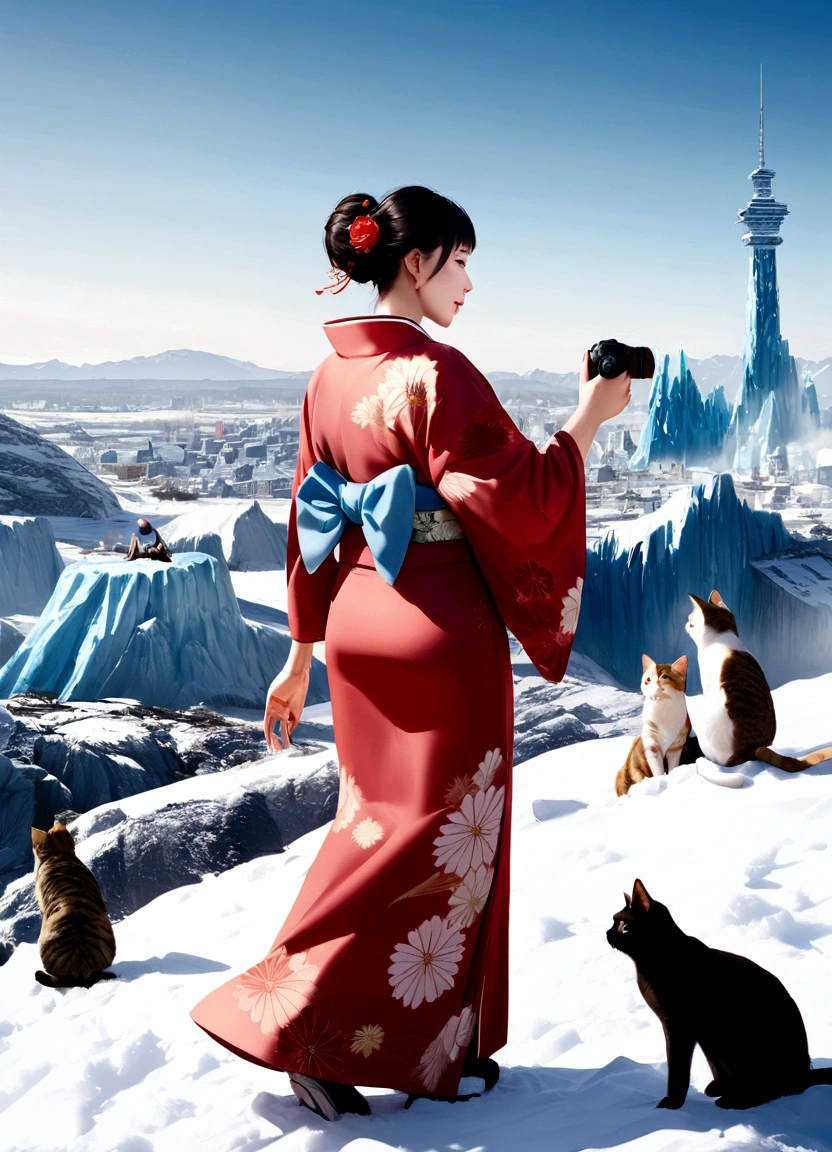 Photographing the Ice City, And cats, Wear a Japan kimono, Photorealistic colors, Ultra-high resolution |