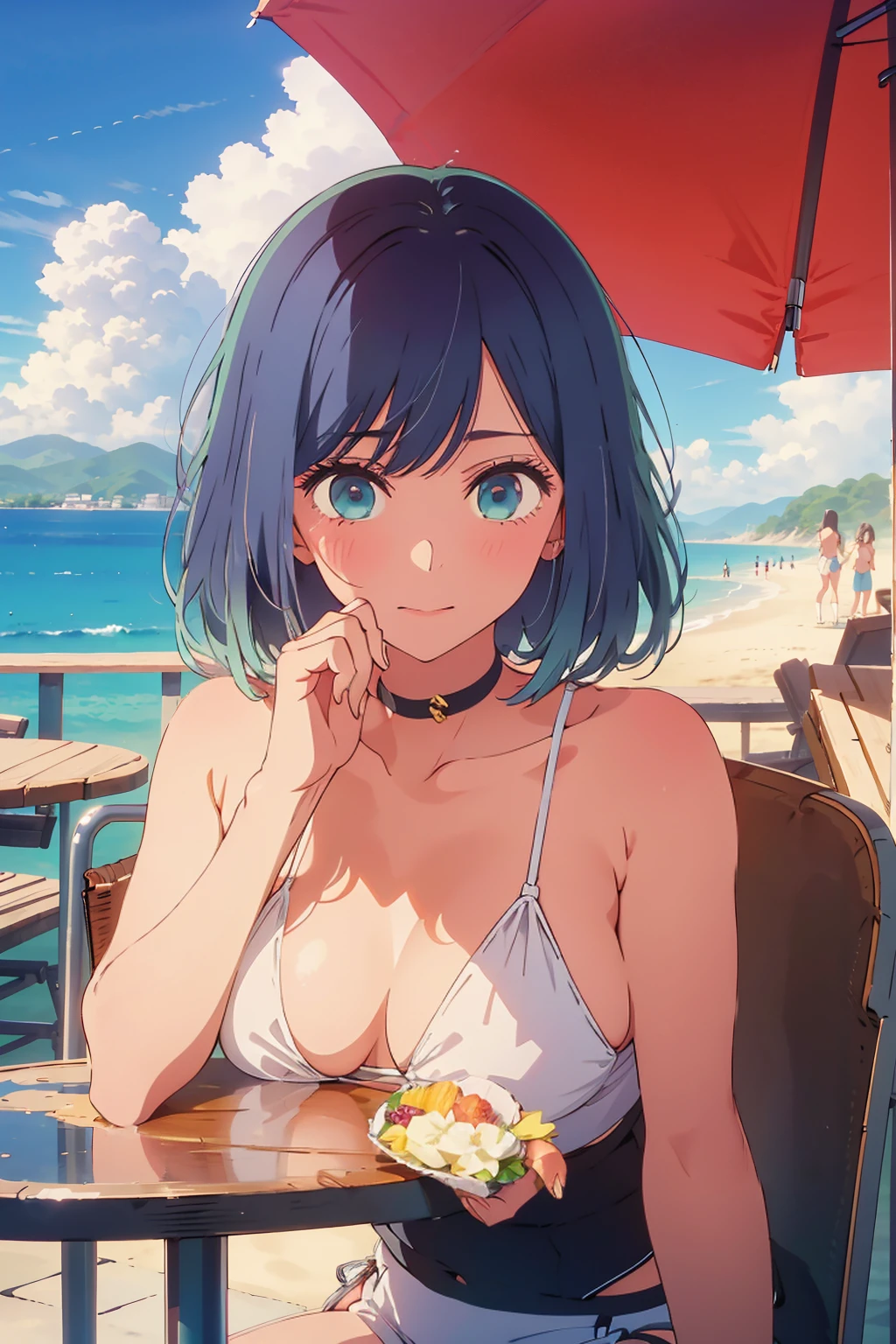 (Highest quality:1.4、8K:1.4、detailed)、F cup bust、Big Breasts、Slim body、Very white beautiful skin、((((1 person、Surprised expression、sit、Chair、In the background are the urban buildings of Tokyo、looking at the camera、Outdoor café terrace、coastal、Navy hair color、juice、Shooting up close、table、Very cute face))))、(とがはみ出る:1.7)、(White :1.3)、Nipples、Very blue sky、A completely cloudless sky