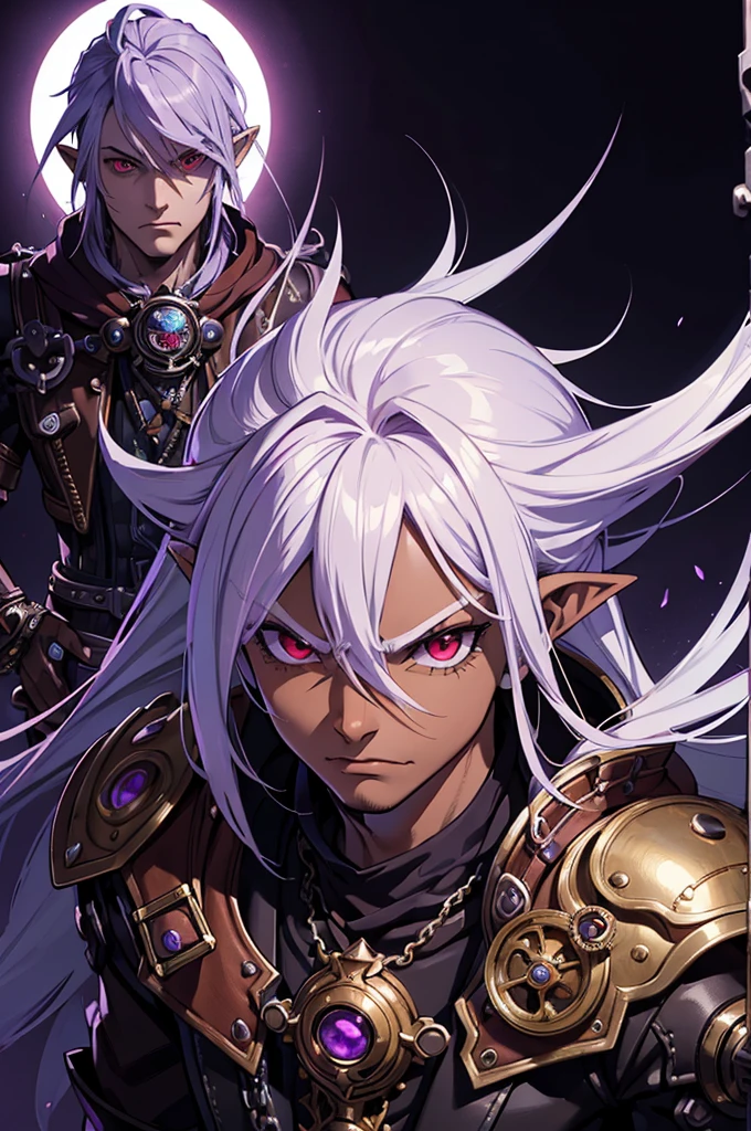 ((best quality)), ((masterpiece)), (detailed), ((boy)), ((mix between dungeonpunk and steampunk)), (serious), dark skinned, human, upper body, portrait, red eyes, long white hair, Xemnas from Kingdom Hearts, half-drow, pointy ears, serious face, dramatic lighting, purple hue, art by Kinema Citrus and Tetsuya Nomura
