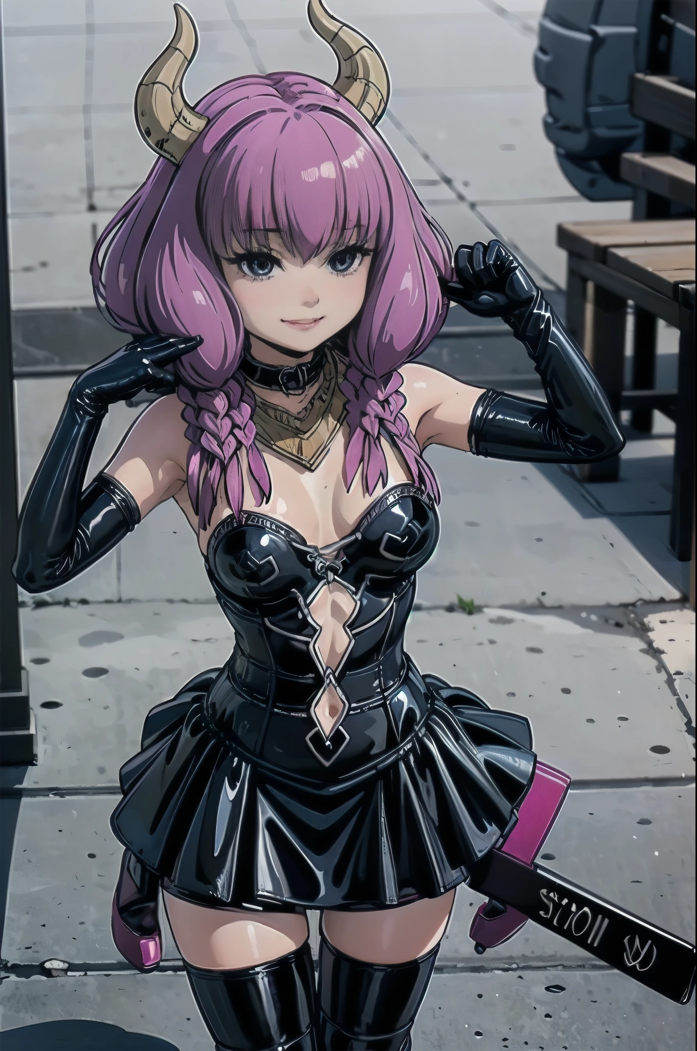 Yankee sitting、(((Chibi:1.8)))、(((open legs:1.4 )))、(((Squat with your legs spread in an M-shape:1.4)))、(((Wide-open legs:1.4)))、(((Sit on the ground)))、BDSM、Queen、mistress、(((One girl)))、solo、(((Black latex elbow gloves:1.4 )))、(((Black latex corset dress:1.4)))、(((The corset dress is decorated with beautiful lace.)))、(((Corset dress with shoulder straps)))、(((Black latex tight mini skirt:1.4)))、(((黒いThigh-high boots)))、(((Black fishnet stockings:1.2 )))、(((Stiletto heels:1.4)))、(((Black latex panties)))、(((Black latex bra)))、(((Black leather collar)))、(((Sexy pose:1.4 )))、Wide-open legs:1.2、(((Erotic)))、(((Cowboy Shot)))、Aura Freezing, horn, Twin Blade, necklace, Strapless shirt, Belly button cutout, White Skirt, red waist cape, Elbow hand pockets, Thigh-high boots, Upper Body, In-person audience, View your viewers, smile,