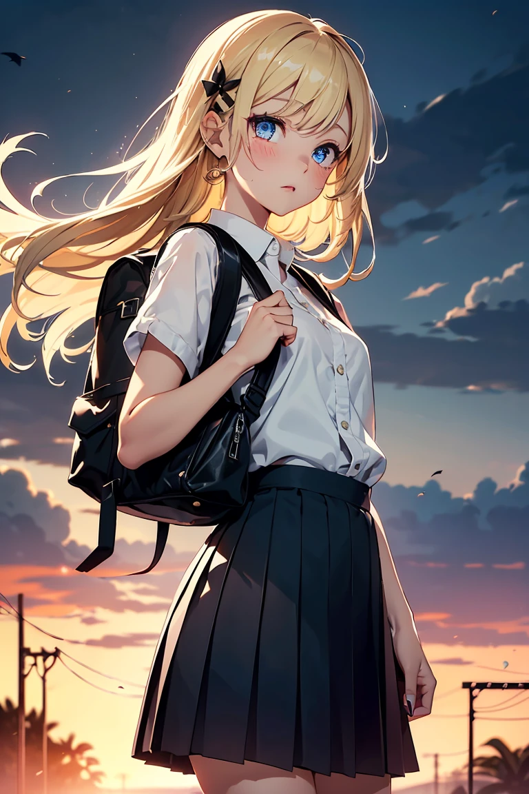 ((1 Girl)), (panic), (Watery eye), (Open your mouth), typhoon, storm, Very strong wind, blown away by the wind, Hold down the skirt, (Comical drawing), Latest Fashion Trends, (Hairpins in the bangs), younger sister, Pleated skirt, rucksack, Bright expression,background_School Area, Surprised face, かわいいyounger sister, Cowboy Shot,((Very detailed,Highest quality, High resolution, 8k wallpaper, Beautiful clothes,)),((blonde, Long Hair,Straight hair)), blush , (Crimson Eyes),eye shadow, eyeliner,Glowing Eyes, Very detailedな目, Beautiful Eyes, -yeld gi Accurate anatomy