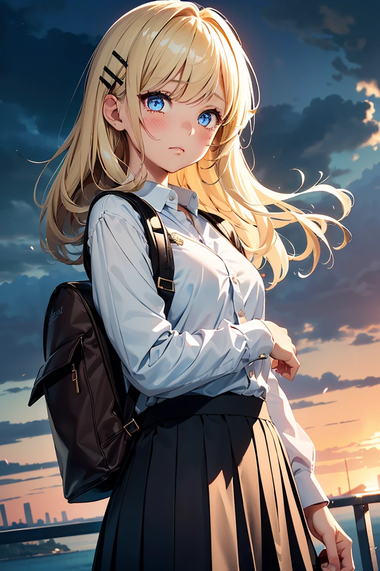 ((1 Girl)), (panic), (Watery eye), (Open your mouth), typhoon, storm, Very strong wind, blown away by the wind, Hold down the skirt, (Comical drawing), Latest Fashion Trends, (Hairpins in the bangs), younger sister, Pleated skirt, rucksack, Bright expression,background_School Area, Surprised face, かわいいyounger sister, Cowboy Shot,((Very detailed,Highest quality, High resolution, 8k wallpaper, Beautiful clothes,)),((blonde, Long Hair,Straight hair)), blush , (Crimson Eyes),eye shadow, eyeliner,Glowing Eyes, Very detailedな目, Beautiful Eyes, 14-year-old girl, Accurate anatomy